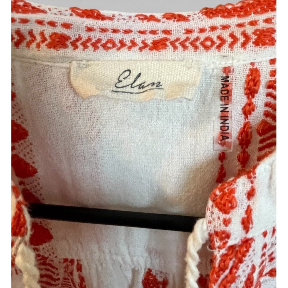 Elan Embroidered Boho Midi Dress XS Orange Ivory Cover-Up Tassel Tie Pockets - Picture 5 of 7